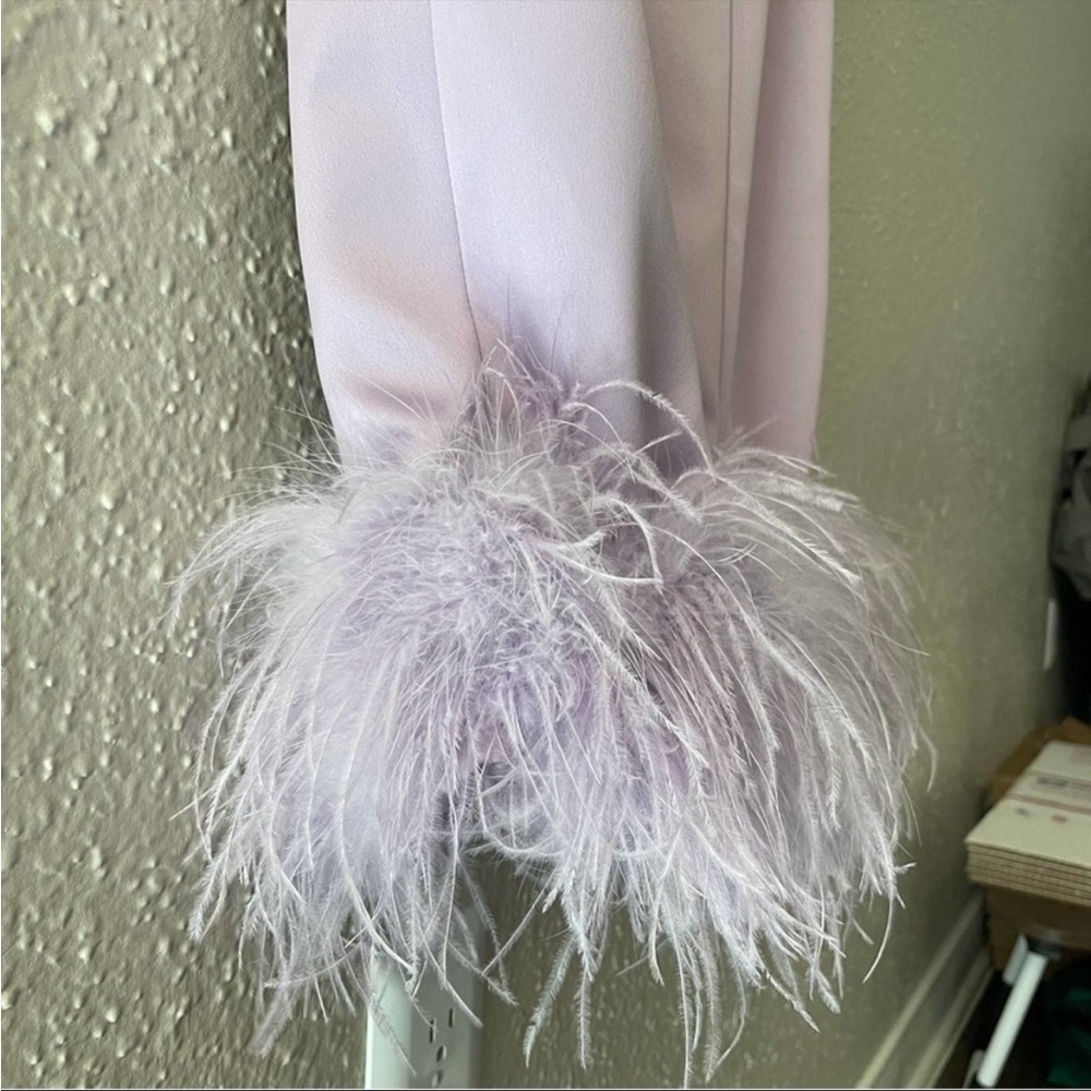 House of CB ‘Helena’ Orchid Satin Midi Dress with Feathered Trim NWOT - Picture 6 of 9